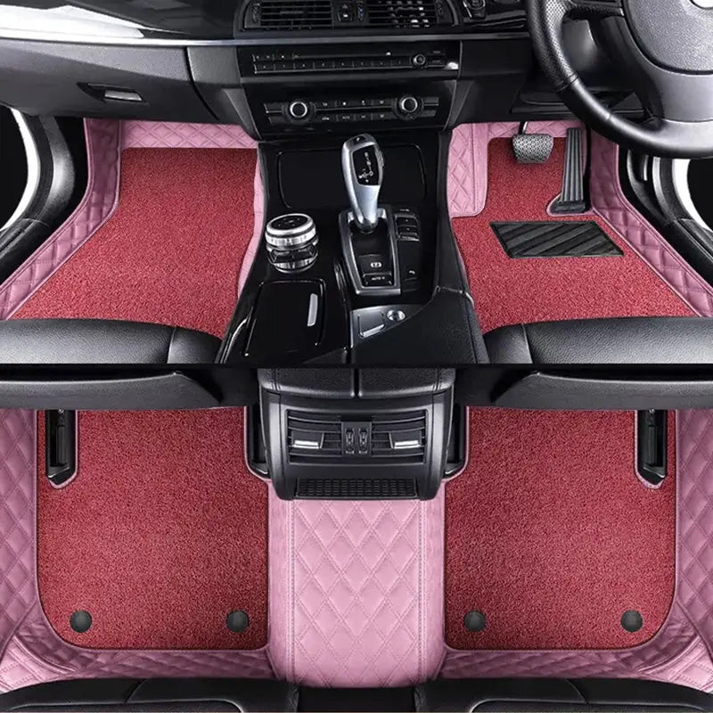 Custom Car Floor Mats Diamond Pattern5*7CM Full Coverage Dual Layer Coil - LMY -  5-Seats-Red-Pink