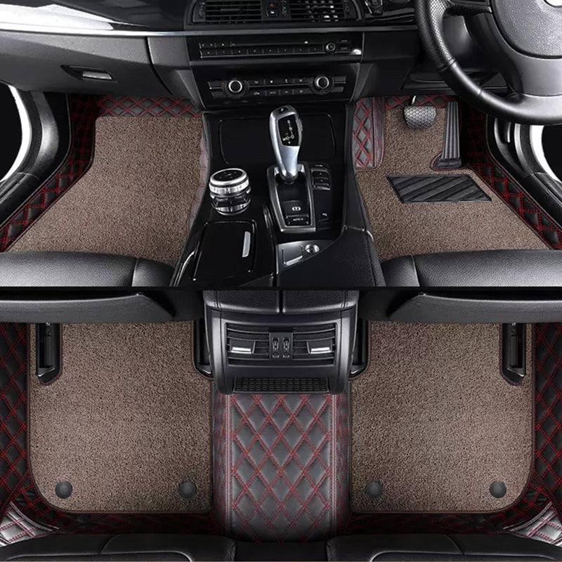 Custom Car Floor Mats Diamond Pattern5*7CM Full Coverage Dual Layer Coil - LMY -  7-Seats-Mocha-Black-Red