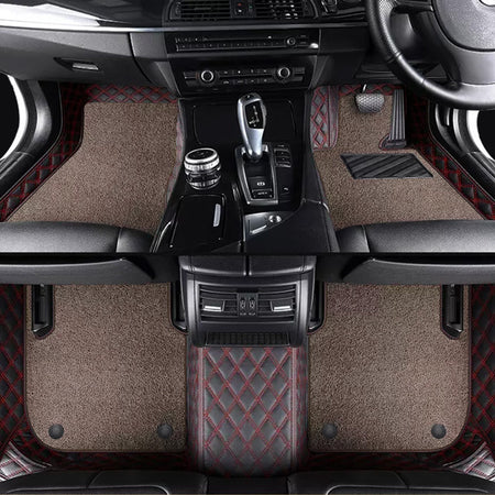 Custom Car Floor Mats Diamond Pattern5*7CM Full Coverage Dual Layer Coil - LMY -  7-Seats-Mocha-Black-Red