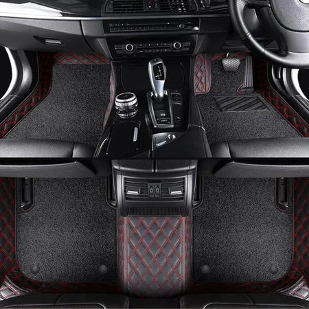 Custom Car Floor Mats Diamond Pattern5*7CM Full Coverage Dual Layer Coil - LMY -  7-Seats-Black-Black-Red