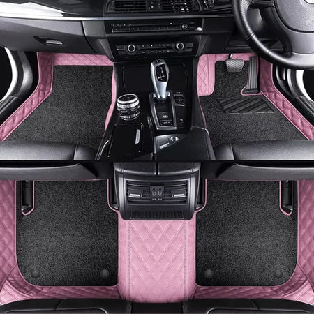 Custom Car Floor Mats Diamond Pattern5*7CM Full Coverage Dual Layer Coil - LMY -  7-Seats-Black-Pink
