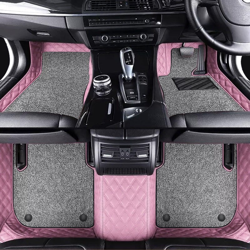 Custom Car Floor Mats Diamond Pattern5*7CM Full Coverage Dual Layer Coil - LMY -  7-Seats-Grey-Black-Pink
