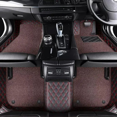 Custom Car Floor Mats Diamond Pattern5*7CM Full Coverage Dual Layer Coil - LMY -  7-Seats-Coffee-Black-Red