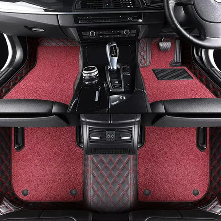 Custom Car Floor Mats Diamond Pattern5*7CM Full Coverage Dual Layer Coil - LMY -  7-Seats-Red-Black-Red