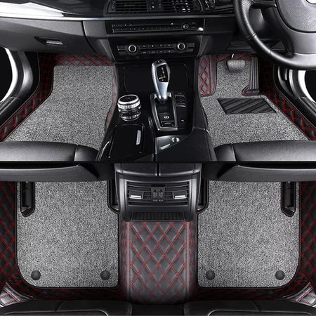Custom Car Floor Mats Diamond Pattern5*7CM Full Coverage Dual Layer Coil - LMY -  7-Seats-Grey-Black-Black-Red