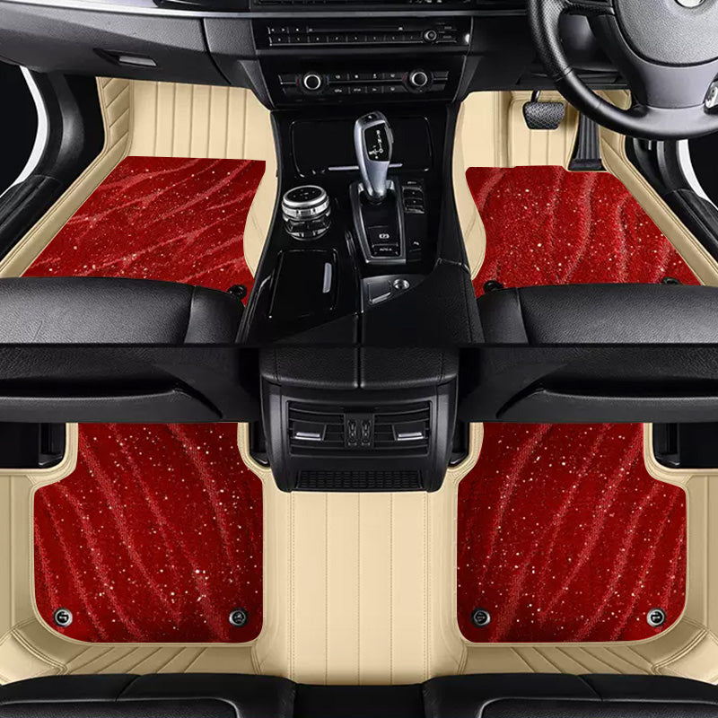 Custom Car Floor Mats Horizontal Stripe Full Coverage Dual Layer Galaxy - LMY -  7-Seats-Red-Beige