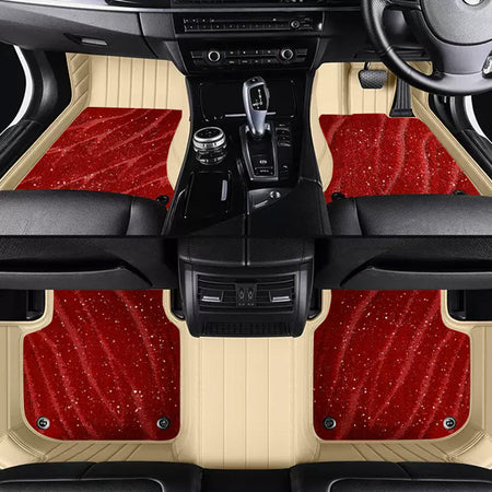 Custom Car Floor Mats Horizontal Stripe Full Coverage Dual Layer Galaxy - LMY -  7-Seats-Red-Beige