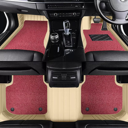 Custom Car Floor Mats Horizontal Stripe Full Coverage Dual Layer Coil - LMY -  7-Seats-Red-Beige