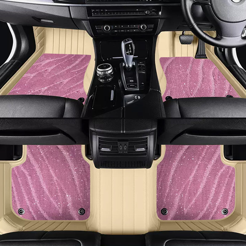 Custom Car Floor Mats Horizontal Stripe Full Coverage Dual Layer Galaxy - LMY -  7-Seats-Pink-Beige