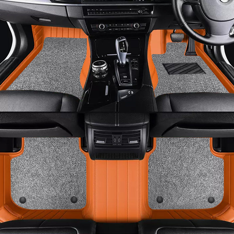 Custom Car Floor Mats Horizontal Stripe Full Coverage Dual Layer Coil - LMY -  7-Seats-Grey-Black-Orange