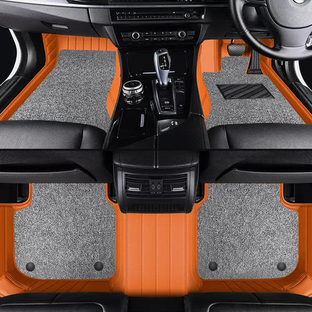 Custom Car Floor Mats Horizontal Stripe Full Coverage Dual Layer Coil - LMY -  7-Seats-Grey-Black-Orange
