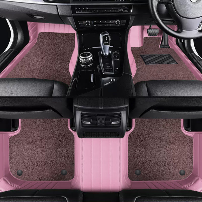 Custom Car Floor Mats Horizontal Stripe Full Coverage Dual Layer Coil - LMY -  7-Seats-Dark-Brown-Pink