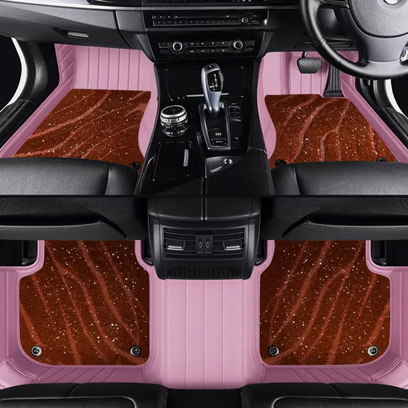 Custom Car Floor Mats Horizontal Stripe Full Coverage Dual Layer Galaxy - LMY -  5-Seats-Brown-Pink