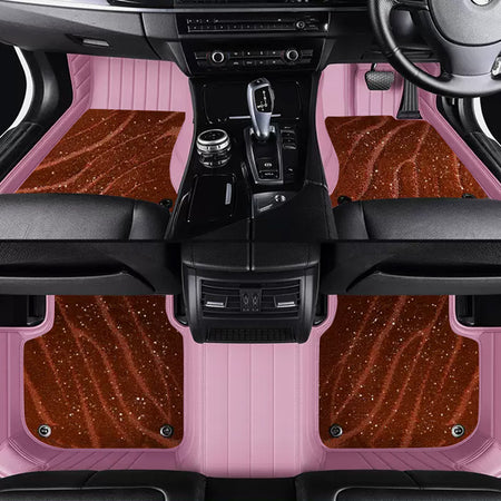 Custom Car Floor Mats Horizontal Stripe Full Coverage Dual Layer Galaxy - LMY -  5-Seats-Brown-Pink