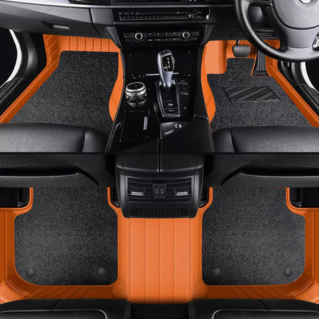 Custom Car Floor Mats Horizontal Stripe Full Coverage Dual Layer Coil - LMY -  7-Seats-Black-Orange