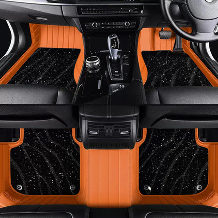 Custom Car Floor Mats Horizontal Stripe Full Coverage Dual Layer Galaxy - LMY -  7-Seats-Black-Orange