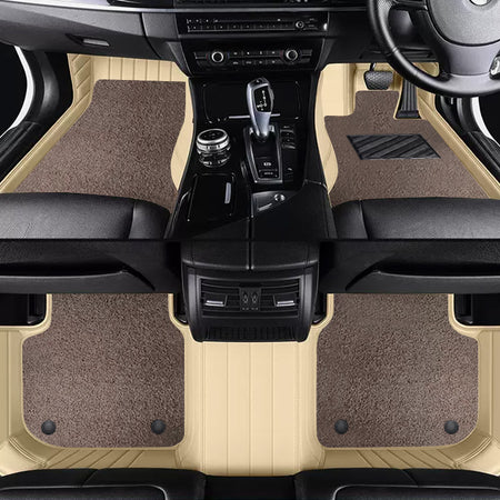 Custom Car Floor Mats Horizontal Stripe Full Coverage Dual Layer Coil - LMY -  7-Seats-Mocha-Beige