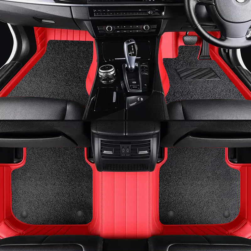 Custom Car Floor Mats Horizontal Stripe Full Coverage Dual Layer Coil - LMY -  7-Seats-Black-Red