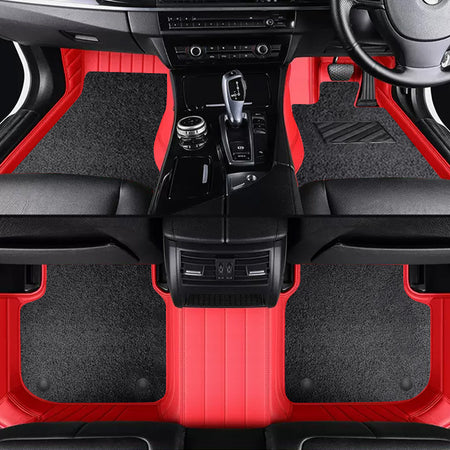 Custom Car Floor Mats Horizontal Stripe Full Coverage Dual Layer Coil - LMY -  7-Seats-Black-Red