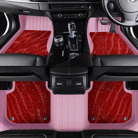 Custom Car Floor Mats Horizontal Stripe Full Coverage Dual Layer Galaxy - LMY -  7-Seats-Red-Pink