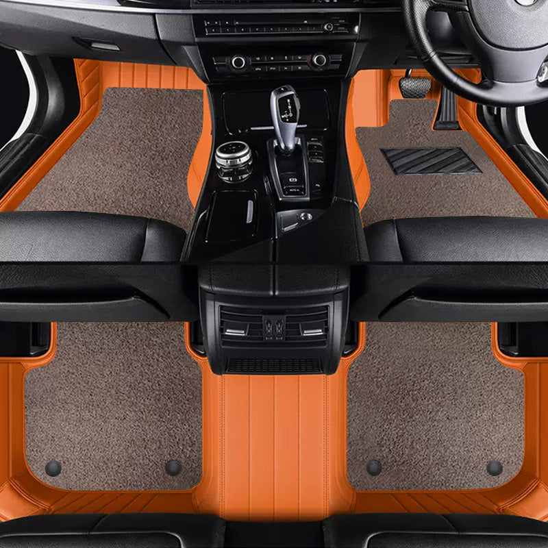Custom Car Floor Mats Horizontal Stripe Full Coverage Dual Layer Coil - LMY -  7-Seats-Mocha-Orange