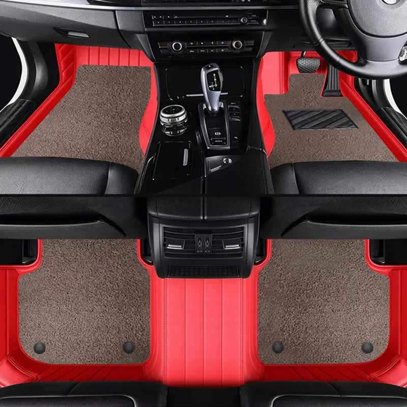 Custom Car Floor Mats Horizontal Stripe Full Coverage Dual Layer Coil - LMY -  7-Seats-Mocha-Red