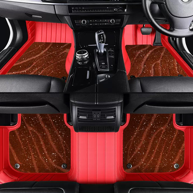 Custom Car Floor Mats Horizontal Stripe Full Coverage Dual Layer Galaxy - LMY -  5-Seats-Brown-Red