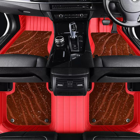 Custom Car Floor Mats Horizontal Stripe Full Coverage Dual Layer Galaxy - LMY -  5-Seats-Brown-Red
