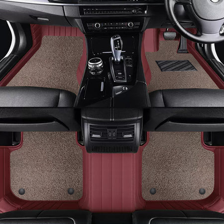Custom Car Floor Mats Horizontal Stripe Full Coverage Dual Layer Coil - LMY -  7-Seats-Mocha-Burgundy
