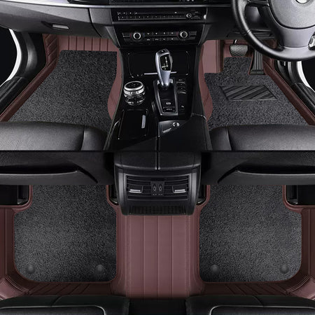 Custom Car Floor Mats Horizontal Stripe Full Coverage Dual Layer Coil - LMY -  7-Seats-Black-Coffee