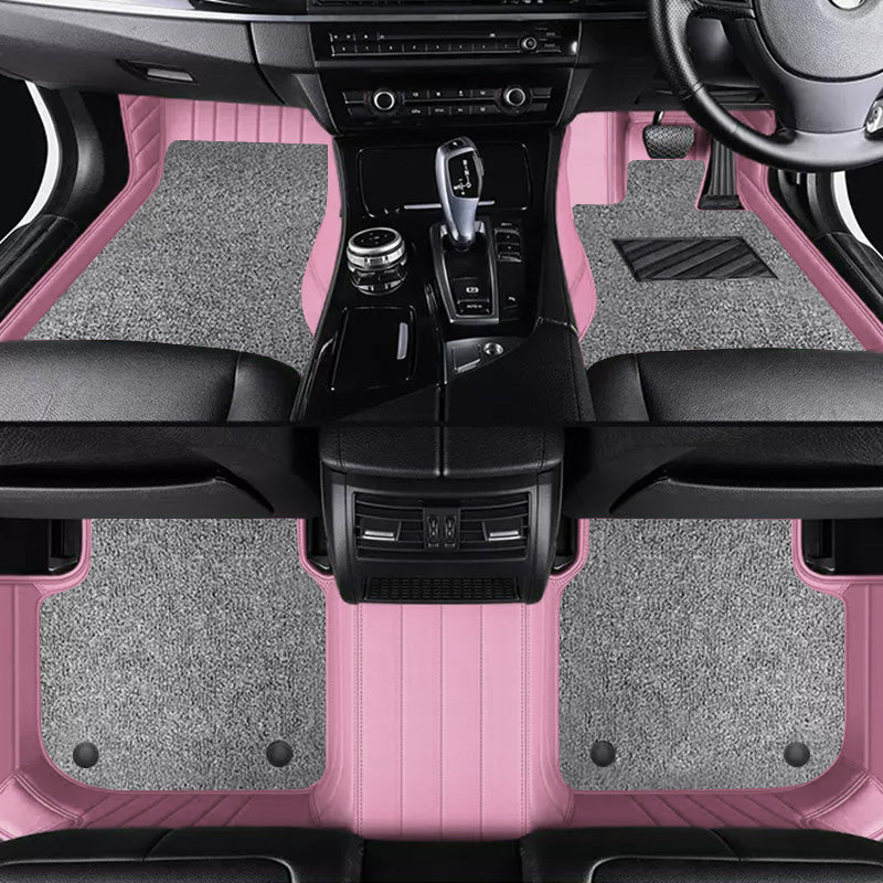 Custom Car Floor Mats Horizontal Stripe Full Coverage Dual Layer Coil - LMY -  7-Seats-Grey-Black-Pink