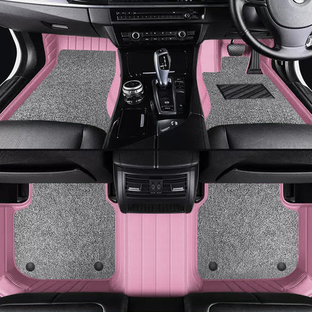 Custom Car Floor Mats Horizontal Stripe Full Coverage Dual Layer Coil - LMY -  7-Seats-Grey-Black-Pink