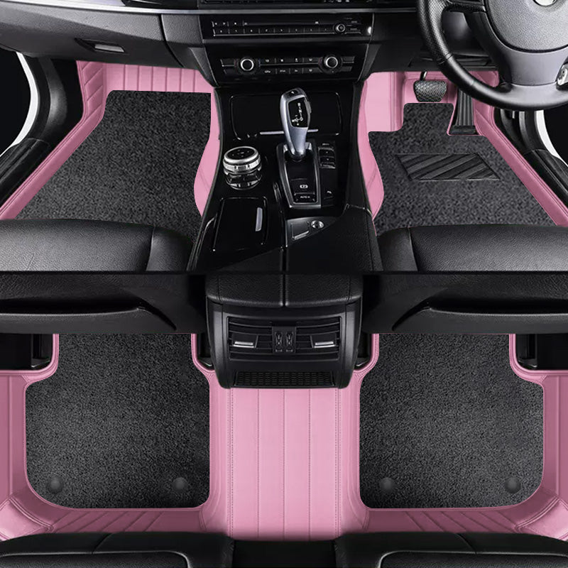 Custom Car Floor Mats Horizontal Stripe Full Coverage Dual Layer Coil - LMY -  7-Seats-Black-Pink
