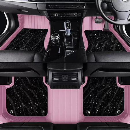 Custom Car Floor Mats Horizontal Stripe Full Coverage Dual Layer Galaxy - LMY -  7-Seats-Black-Pink