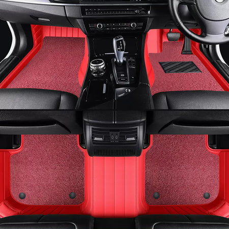 Custom Car Floor Mats Horizontal Stripe Full Coverage Dual Layer Coil - LMY -  7-Seats-Red-Red
