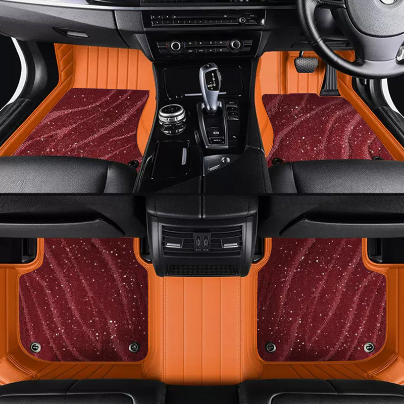 Custom Car Floor Mats Horizontal Stripe Full Coverage Dual Layer Galaxy - LMY -  7-Seats-Burgundy-Orange