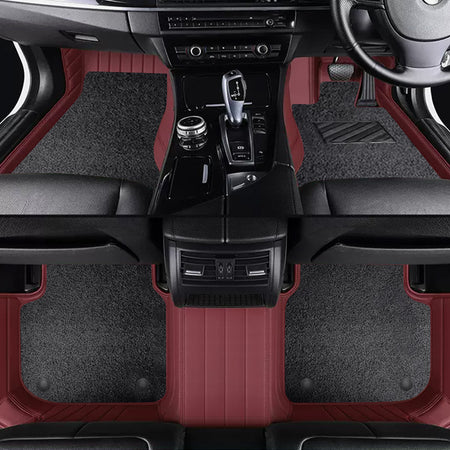 Custom Car Floor Mats Horizontal Stripe Full Coverage Dual Layer Coil - LMY -  7-Seats-Black-Burgundy