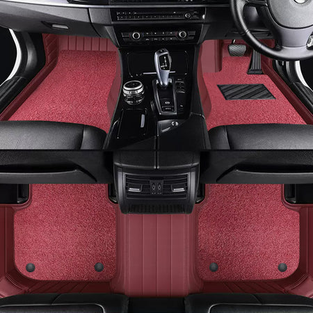 Custom Car Floor Mats Horizontal Stripe Full Coverage Dual Layer Coil - LMY -  7-Seats-Red-Burgundy