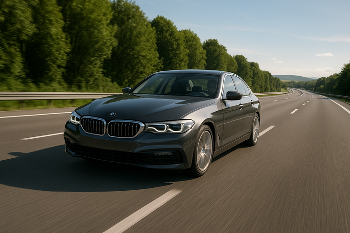BMW Driving on Motorway with trees and grass in the distance