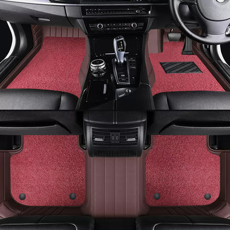 Custom Car Floor Mats Horizontal Stripe Full Coverage Dual Layer Coil - LMY -  7-Seats-Red-Coffee