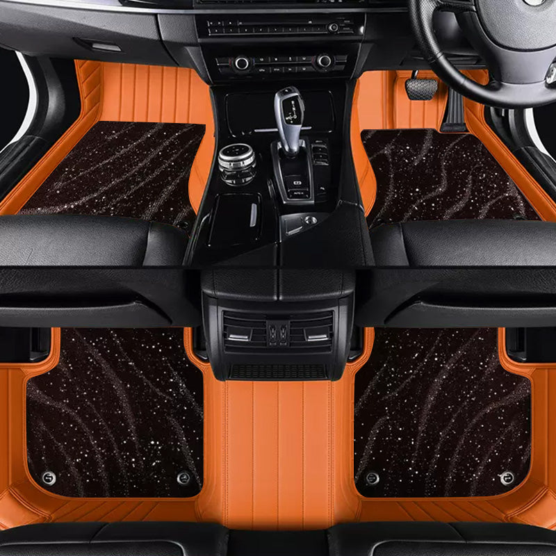 Custom Car Floor Mats Horizontal Stripe Full Coverage Dual Layer Galaxy - LMY -  7-Seats-Brown-Orange