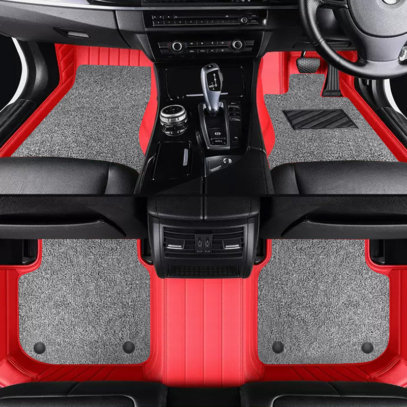 Custom Car Floor Mats Horizontal Stripe Full Coverage Dual Layer Coil - LMY -  7-Seats-Grey-Black-Red