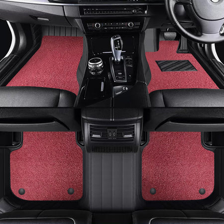 Custom Car Floor Mats Horizontal Stripe Full Coverage Dual Layer Coil - LMY -  7-Seats-Red-Black