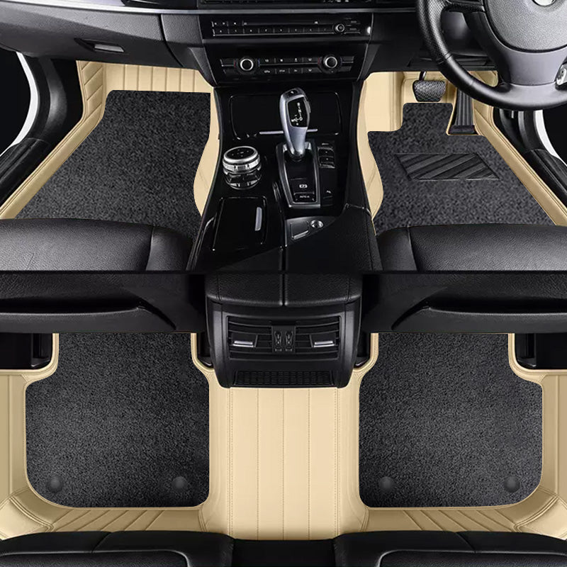 Custom Car Floor Mats Horizontal Stripe Full Coverage Dual Layer Coil - LMY -  7-Seats-Black-Beige