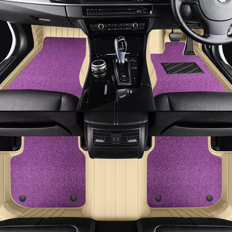 Custom Car Floor Mats Horizontal Stripe Full Coverage Dual Layer Coil - LMY -  7-Seats-Purple-Beige