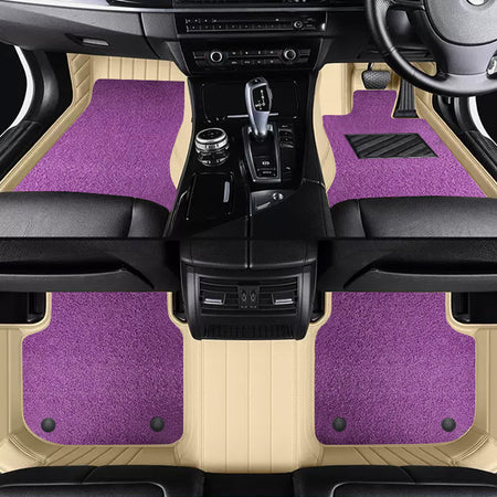 Custom Car Floor Mats Horizontal Stripe Full Coverage Dual Layer Coil - LMY -  7-Seats-Purple-Beige