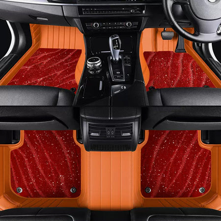 Custom Car Floor Mats Horizontal Stripe Full Coverage Dual Layer Galaxy - LMY -  7-Seats-Red-Orange